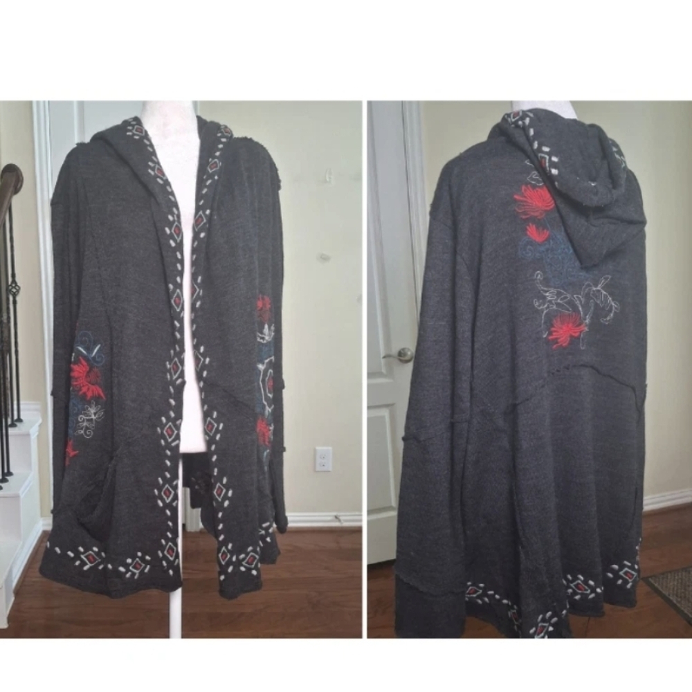 CAITE Athleta Embroidered Floral Open Duster Sweater Hoodie Large Boho Grunge
